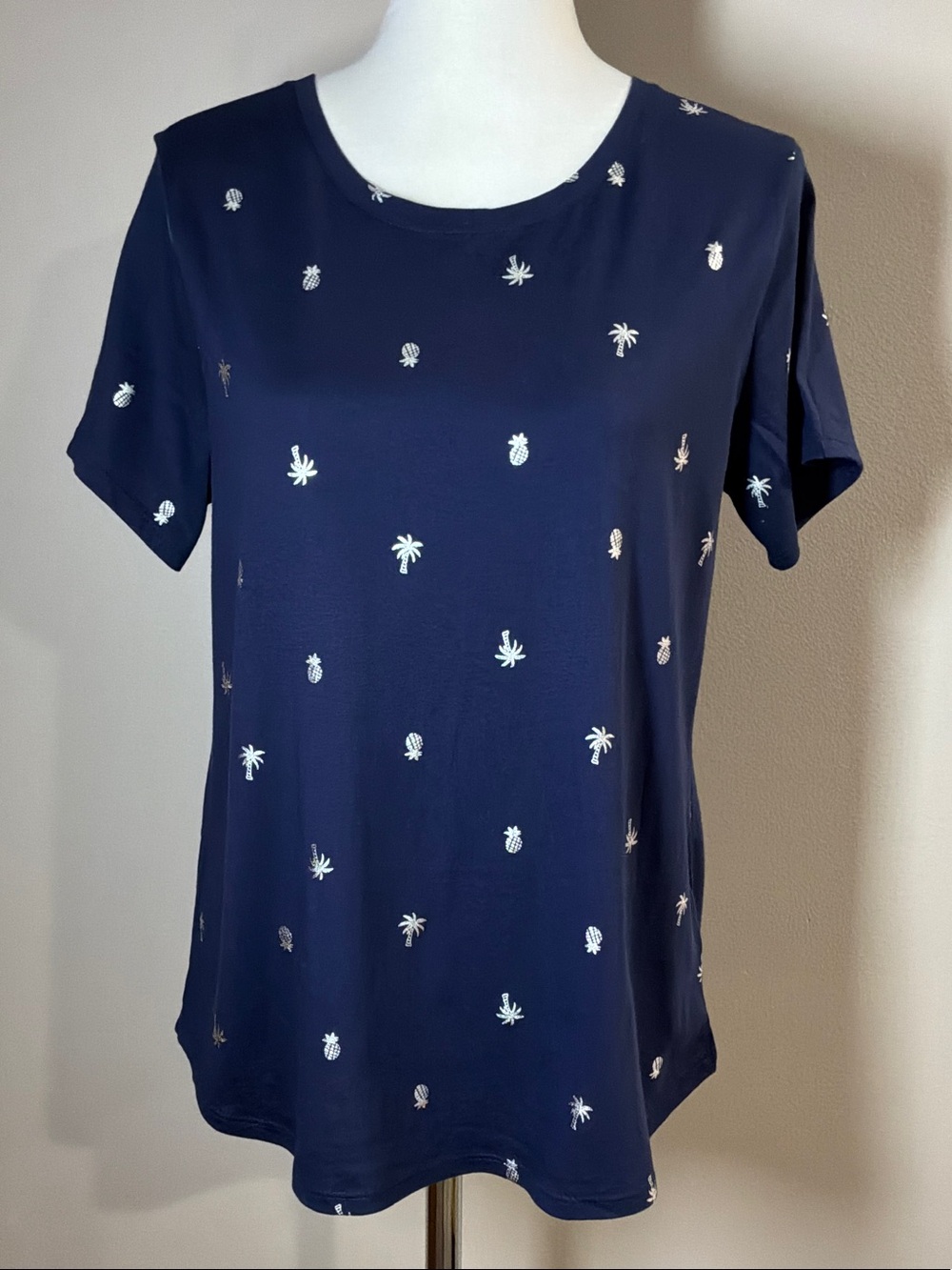 T-shirt Short Sleeves Dark Blue with Metallic Silver Print Sz M